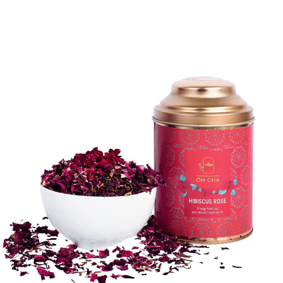 OH CHA – Hibiscus Tea with Rose | Herbal Tea, 100gms | 100% Whole Green Tea Leaves with Natural Rose petals, Clove, Hibiscus Flower Tea | Hibiscus Green Tea for Stress Relief, Better Sleep