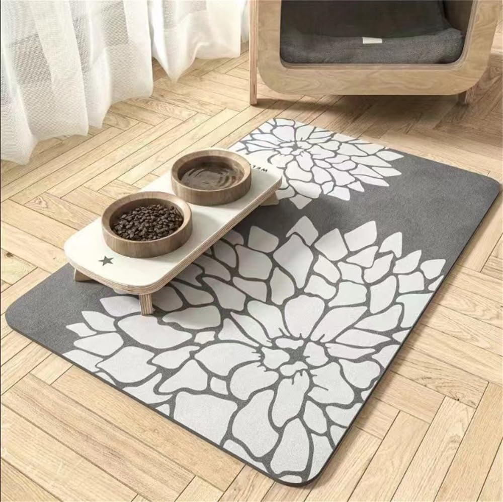 Hixingo Pet Food Mat for Cats Dogs Non Slip, Absorbent Quick Dry Pet Feeding Mat with Non-Slip Rubber Backed, Dog Cat Placemat Bowl Food and Water Bowl Matt (Chrysanthemum gray,20 * 30cm)