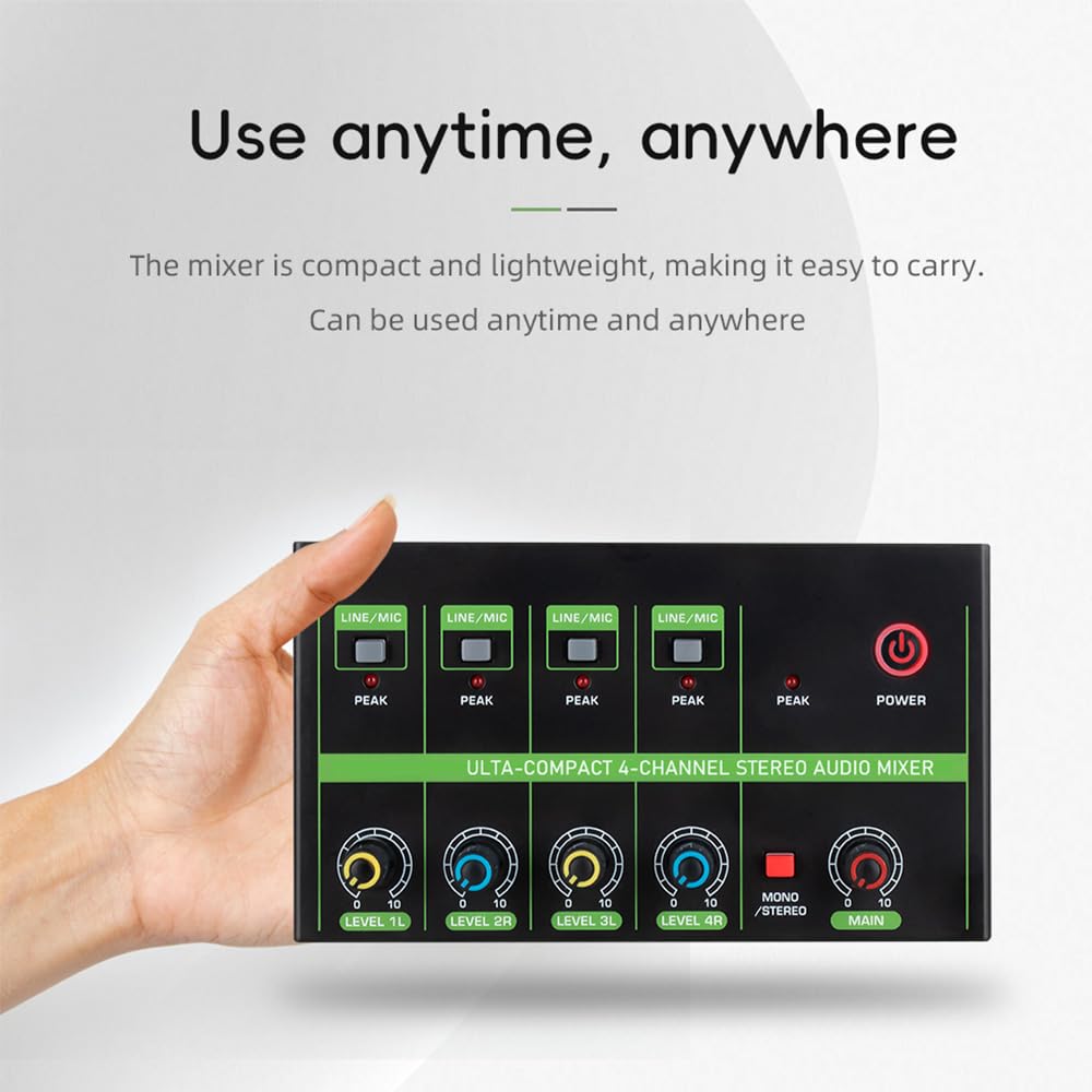 Mélangeur Audio à 4 Canaux, Microphone Portable, Mélangeur Audio Stéréo avec Commutation de Mode Ligne/micro pour Musiciens et Podcasteurs