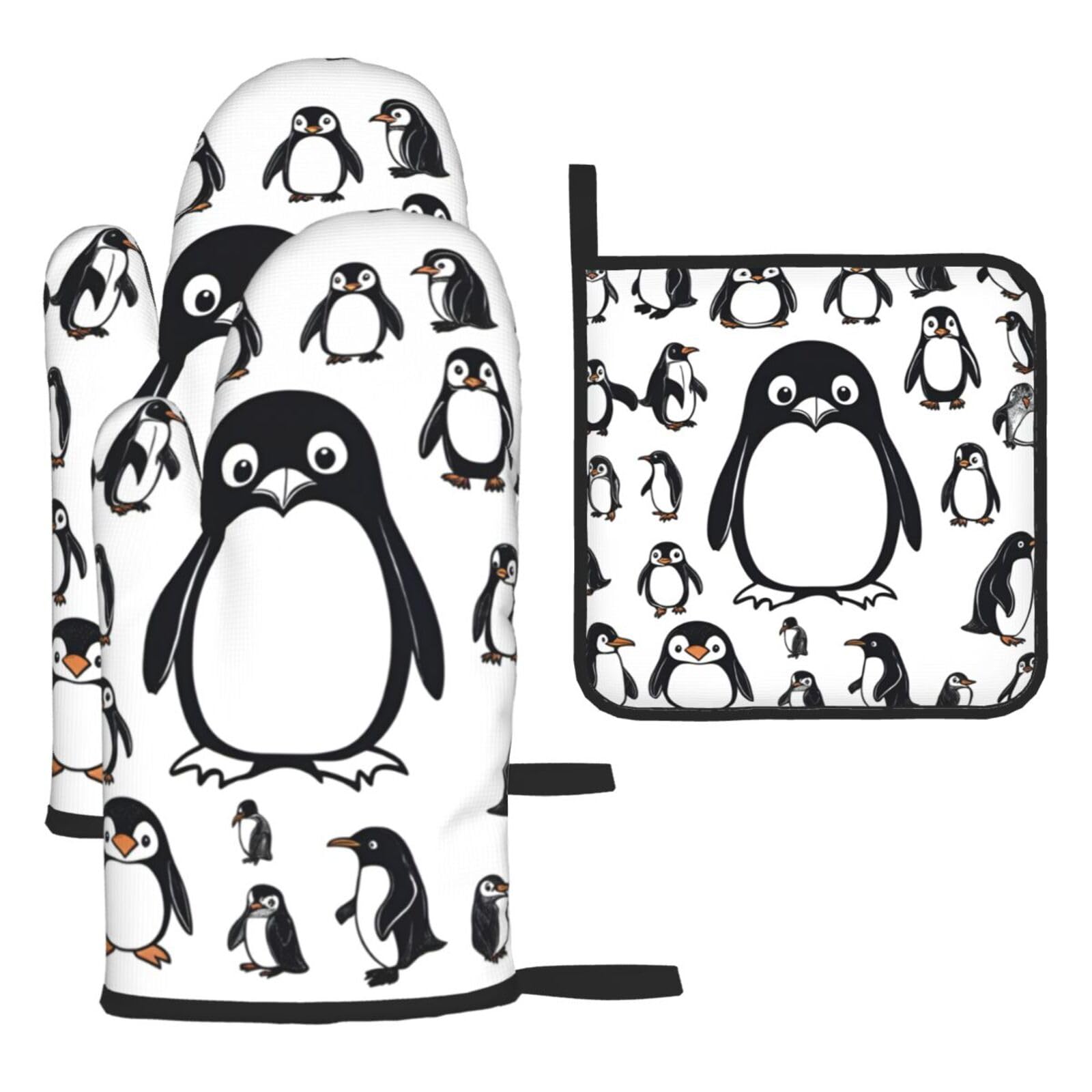 Yyoretp Black Cute Penguin Print Oven Mitts And Potholders Bbq Gloves-Oven Mitts And Pot Holders For Cooking Baking