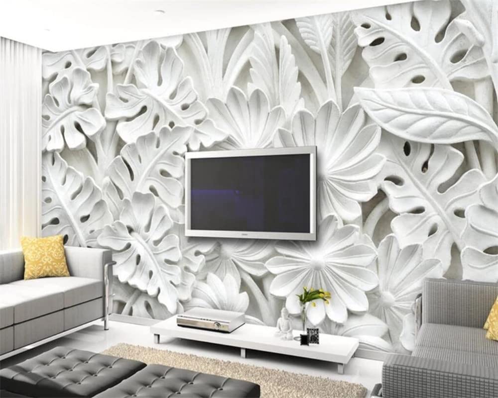 Fototapeta - Fototapeta 4D Diy Duży nordycki liść Plaster Relief Wzór Mural do salonu Sypialni, Wodoodporne naklejki ścienne Wystrój domu Tv Sofa tło, 330 cm (szer.) x 210 cm (wys.)