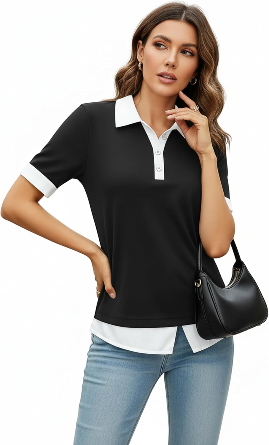 Disamer Womens Summer Tops Spring Fashion 2026 Short Sleeve Shirts Patchwork Button V Neck Tunic Tops Casual Work Blouses - Image 4