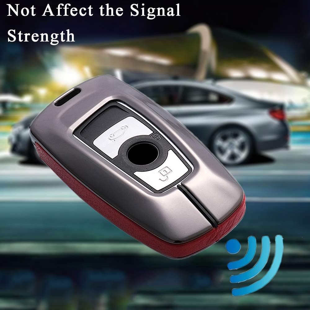 SANRILY Key Cover Case for BMW 3 5 1 4 6 7 Series X3 X4 M5 M6 GT3 GT5 Keyless Key Holder Metal Leather Key Protector with Keychain Red