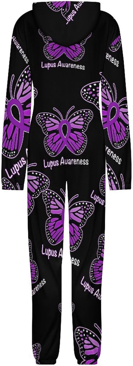 Lupus Awareness Butterfly Adult Pajamas Onesie with Hood Pocket Jumpsuits One Piece Sleepwear