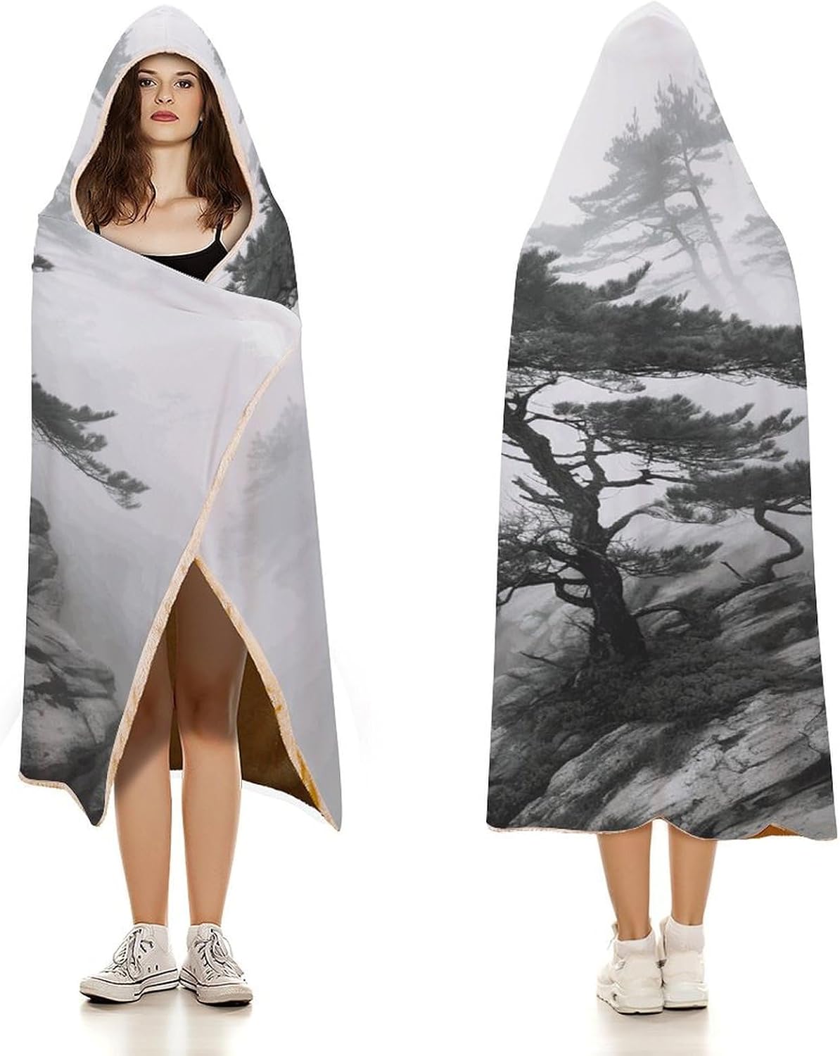 Foggy Mountain Pine Tree Hooded Blanket Cozy And Functional,Wearable Blanket Hoodie for Women Men,Blanket Poncho Presents60 x80