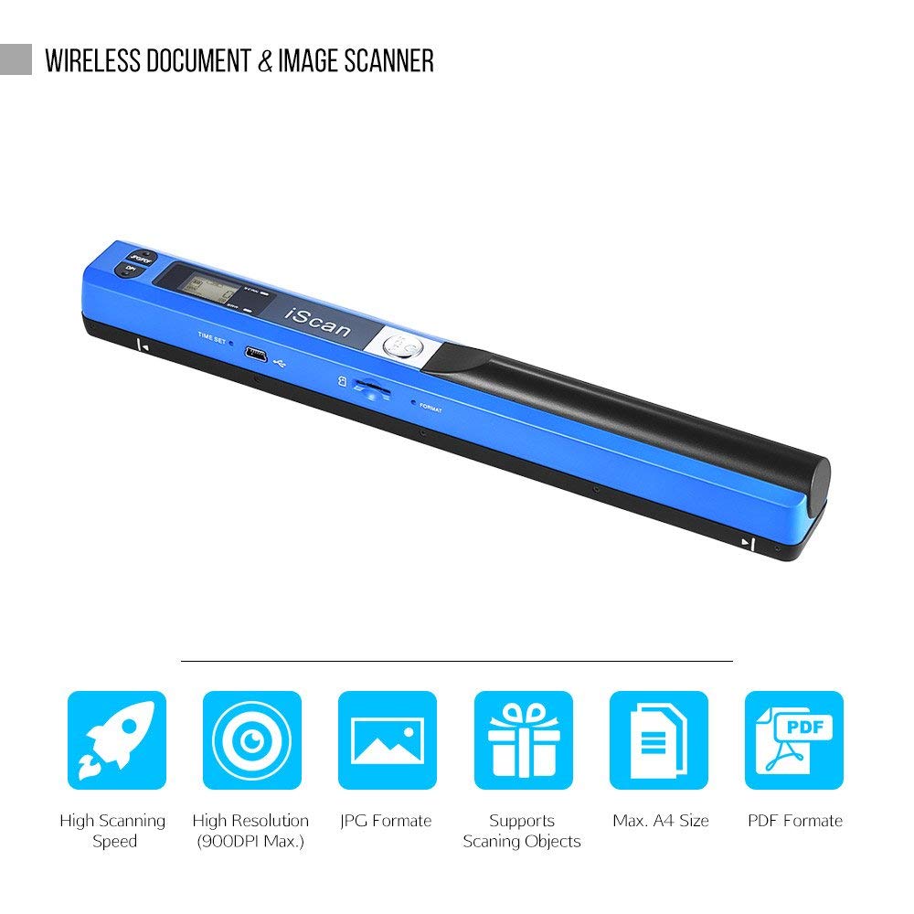 iScan Magic Wand - Escáner portátil para tarjetas de visita y documentos de mano, tamaño mini USB móvil (azul)