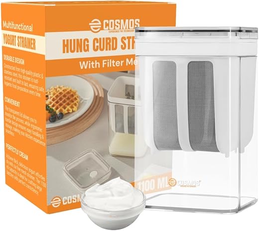 E-COSMOS® Plastic Multipurpose Greek Yogurt &amp; Curd Maker Hung Curd - 1100ml | Durable, BPA-Free | Easy Homemade Yogurt &amp; C...
