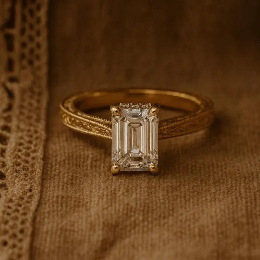 Antique Engrave Filigree Shank 2 Ct Emerald Cut Diamond Engagement Ring 14K Yellow Gold Plated Victorian Style Wedding Vintage Promise Ring For Her 925 Silver Handcrafted Edwardian Ring