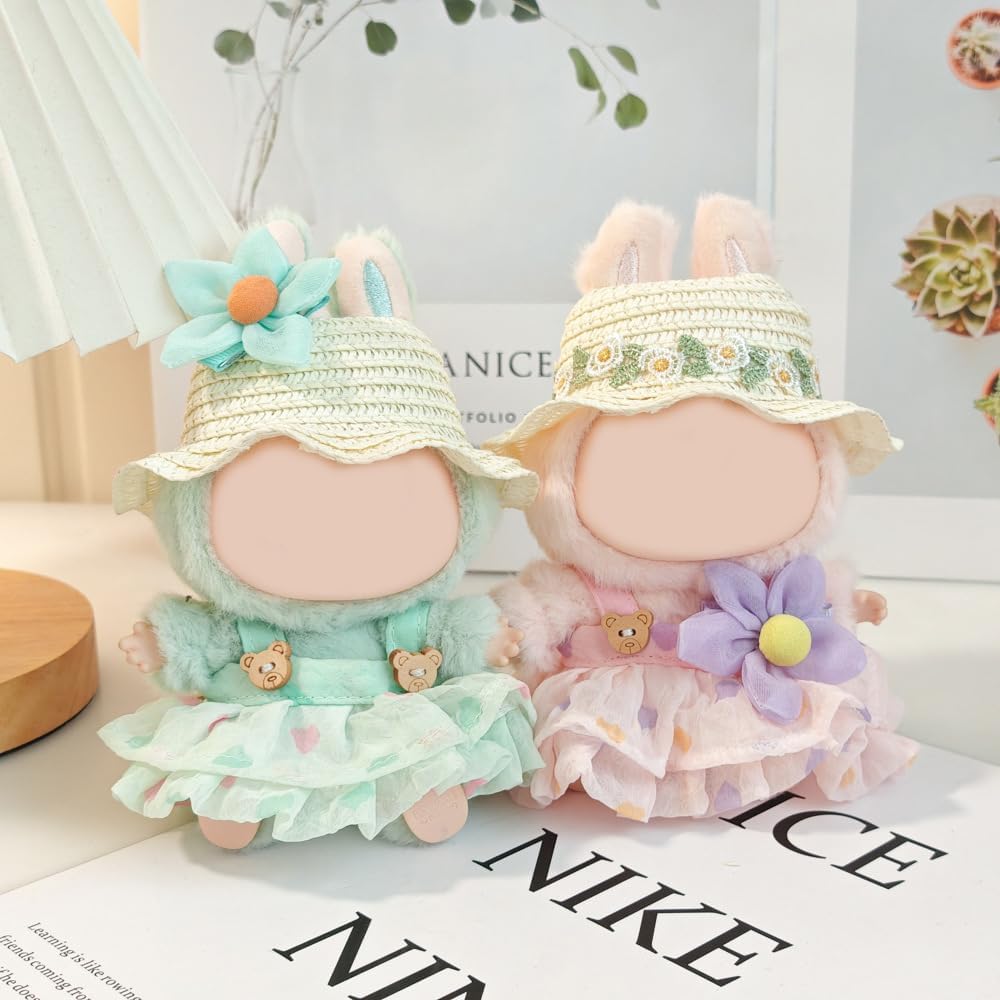 Clothes for 17cm Doll, Skirt Set for Dolls, Hat Skirt Outfit Premium Fashion Cute Dress for 17cm Dolls Accessories (NO Doll) (A1 Green Heart Dress+Flower Ornaments+ Rabbit Cap)