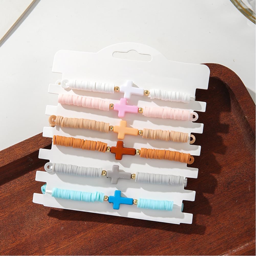 6Pcs Bohemian Rainbow Polymer Clay Beaded Cross Stretch Bracelets Heishi Surfer Bracelets Set for Women Summer Beach Layered Stackable Colorful Friendship Accessories Handmade Gifts - Image 4