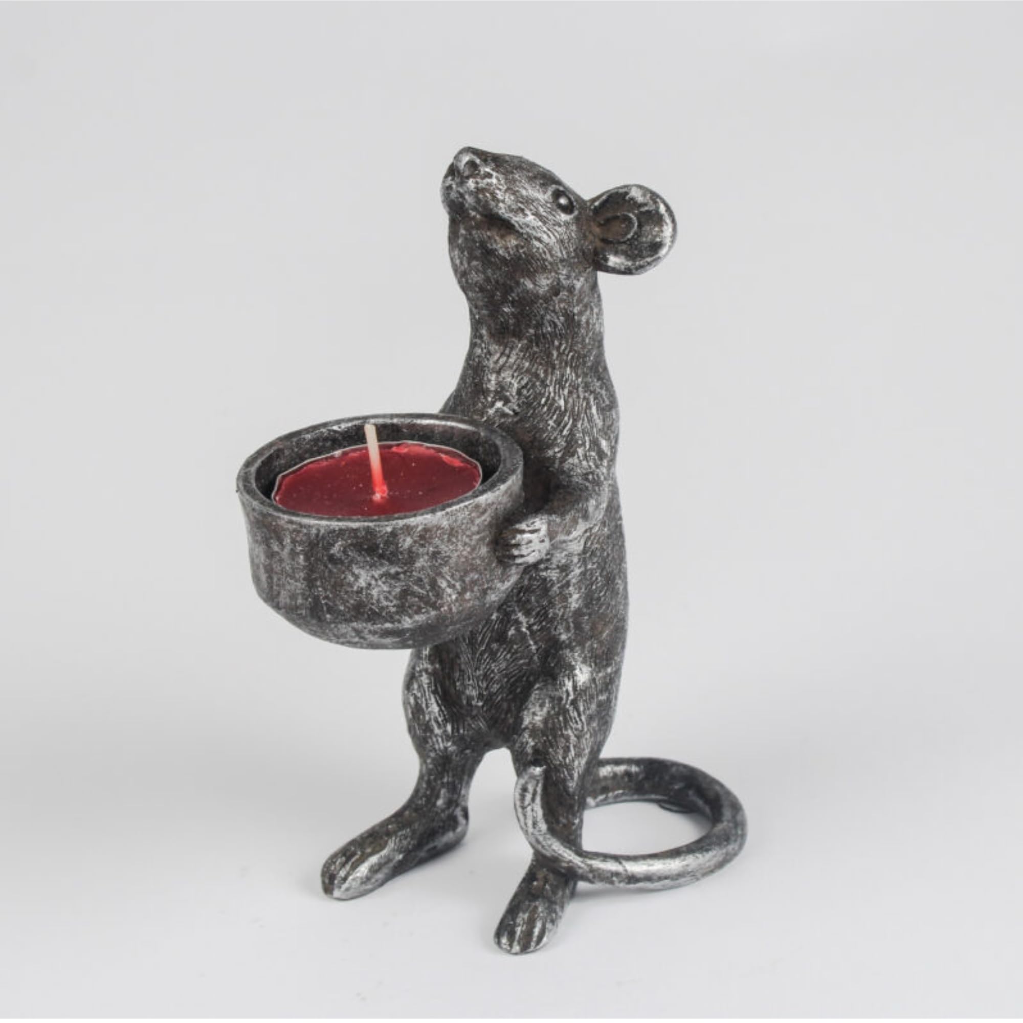 Fyne-Finds Silver Resin Mouse Shaped Tealight Holder Antique Mice Candle Shelf Sitter Tabletop Ornament