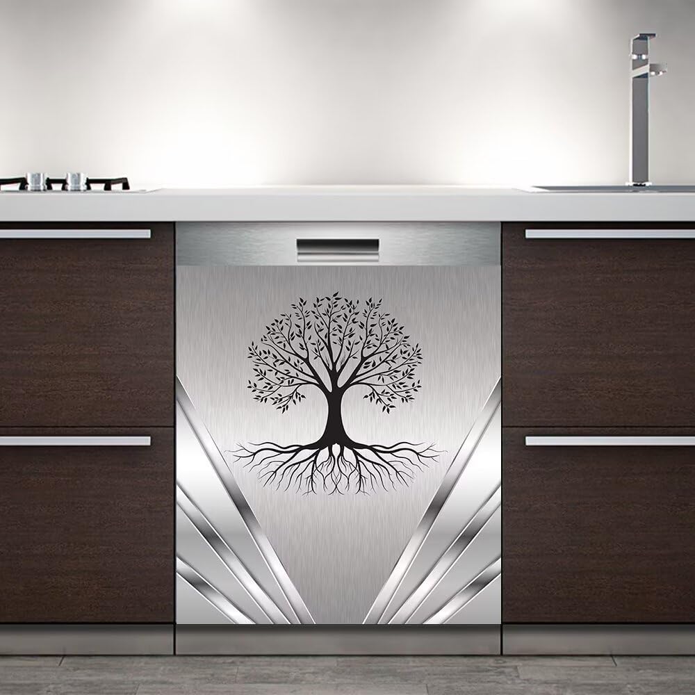 Brushed Silver Metal Texture Tree Pattern Kitchen Decor Dishwasher Magnet Sticker,Refrigerator Front Door Metallic Silver Skin Metal Grey Decal 23x26 inch
