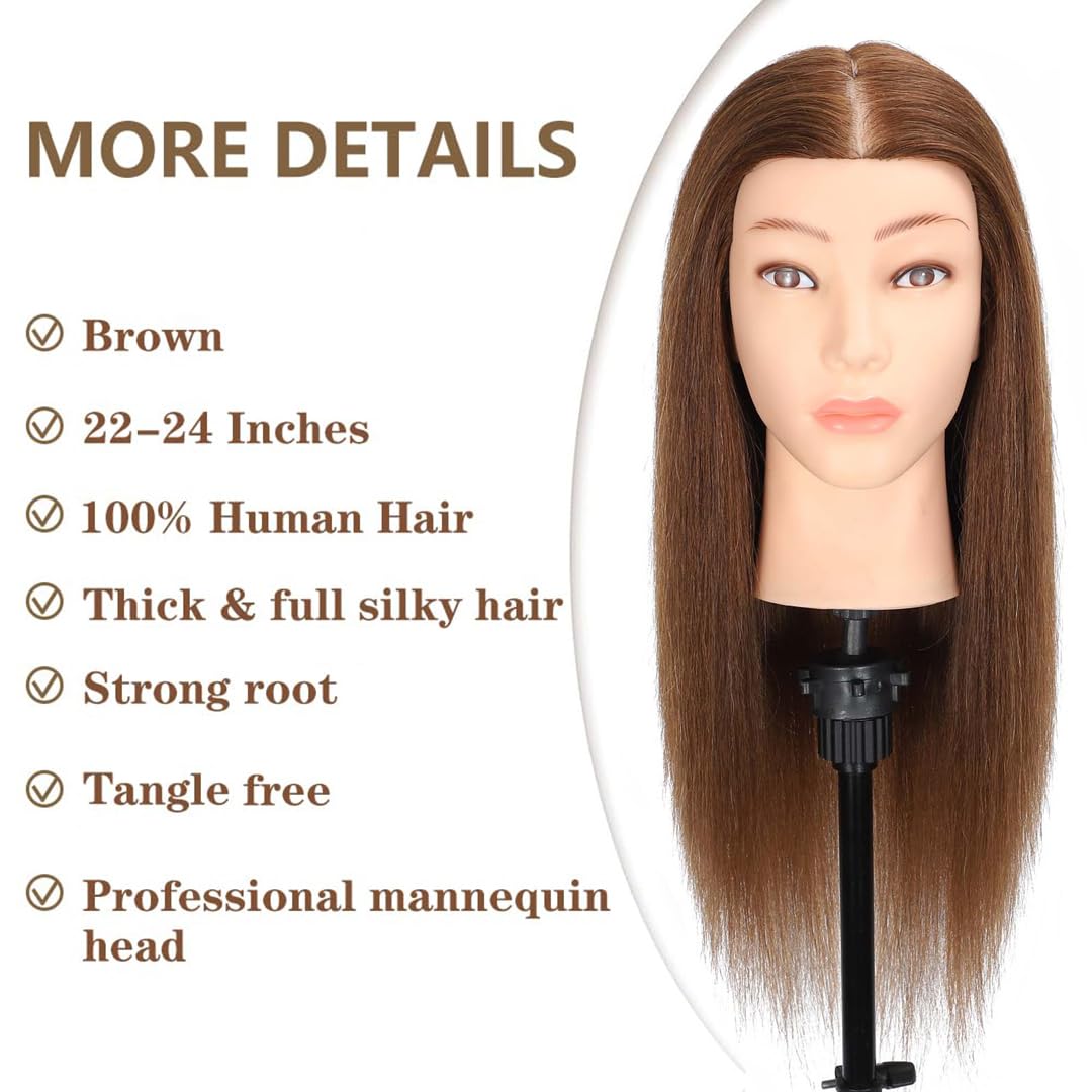 Mannequin Head Human Hair, 100% Real Hair Cosmetology Manikin Head for Practice Braiding Hairstyling Cutting with Free Clamp Holder and Tools (100% Brown)