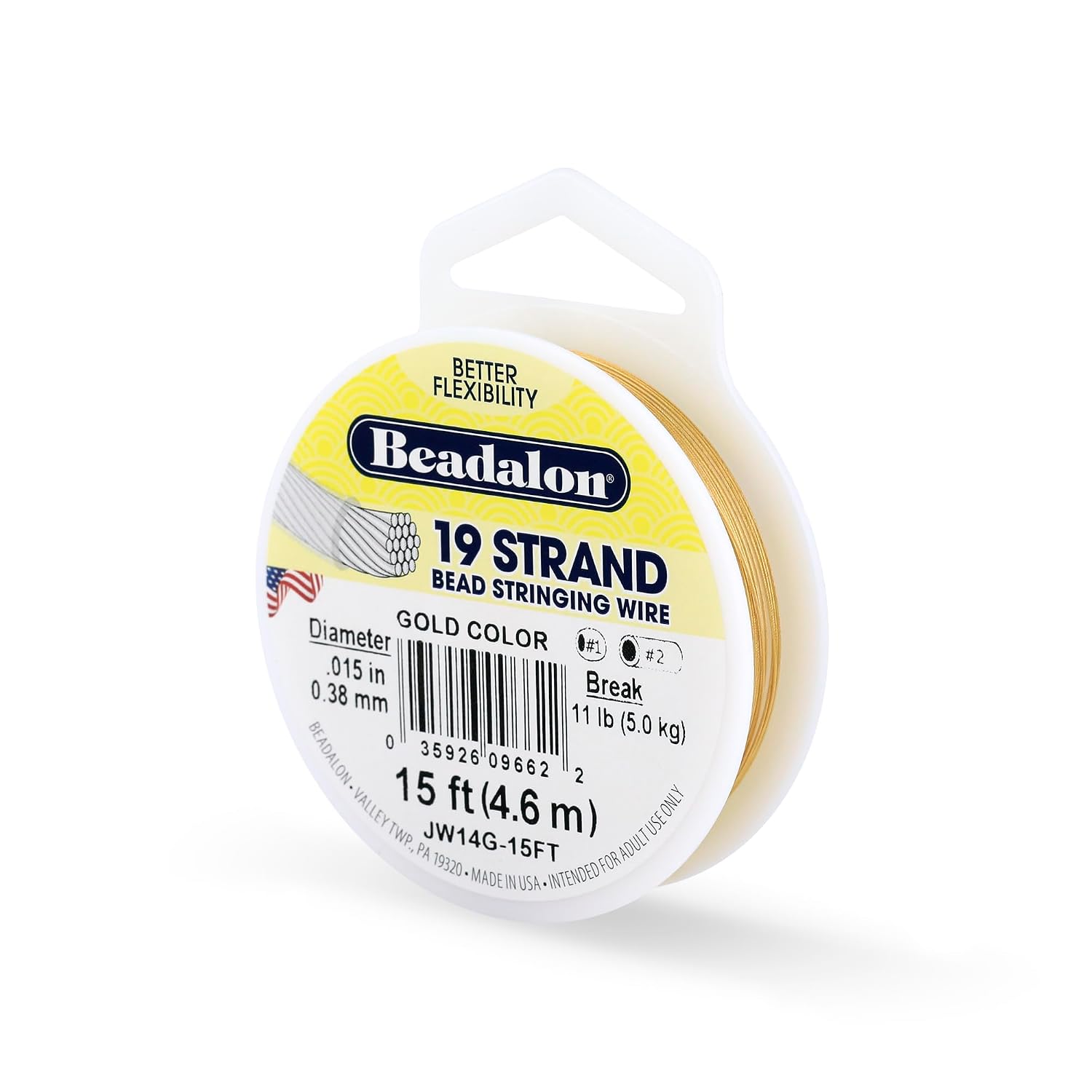 Beadalon 19 Strand Stainless Steel Bead Stringing Wire, .015 in / 0.38 mm, Gold, 15 ft / 4.6 m
