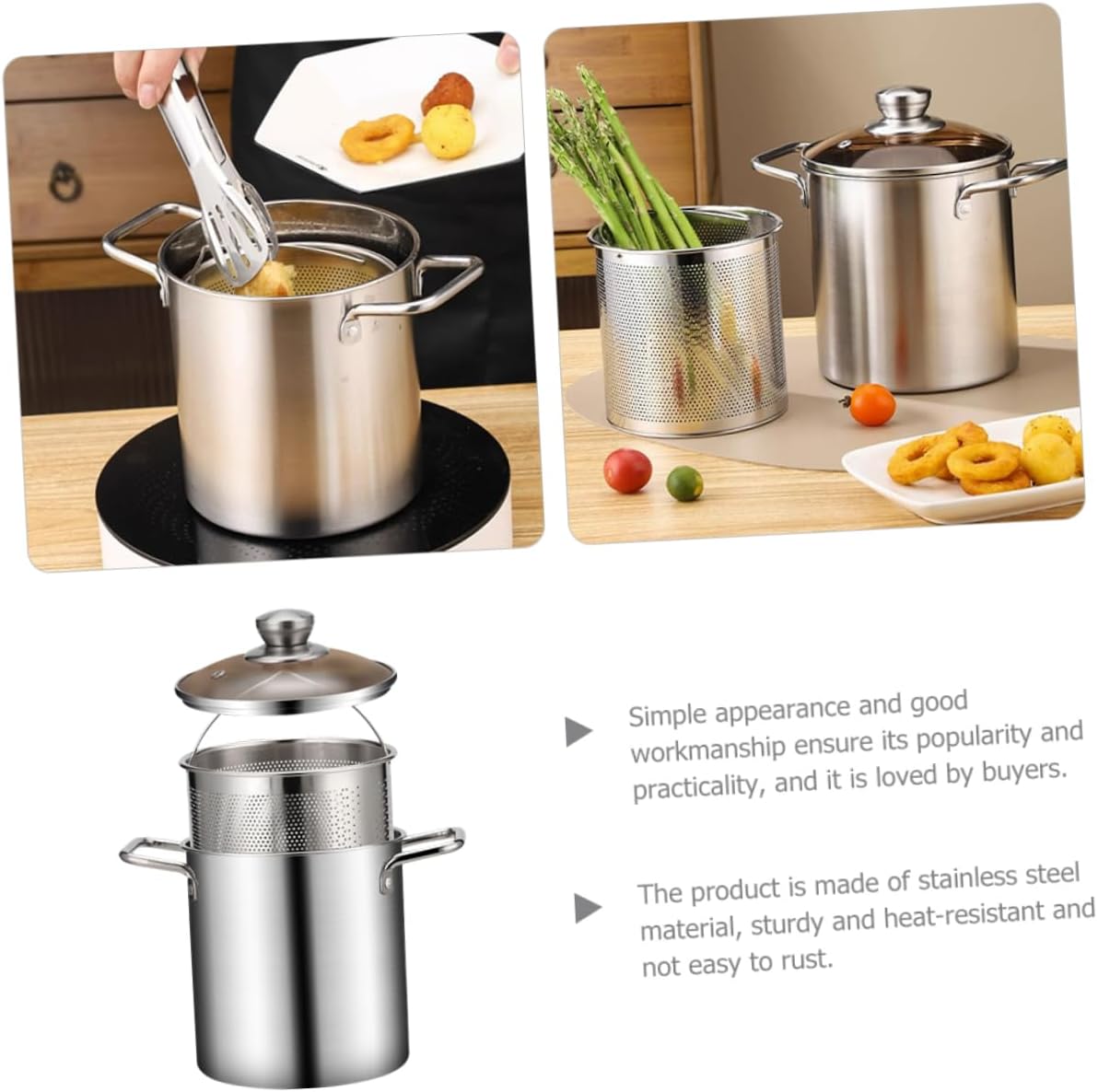 Stainless Steel Deep Fryer Pot with Fry Basket Heat Resistant Household Frying Kit for Oil Efficient Cooking Safe Handle Design for Easy Lifting and Draining for Chicken and Fries