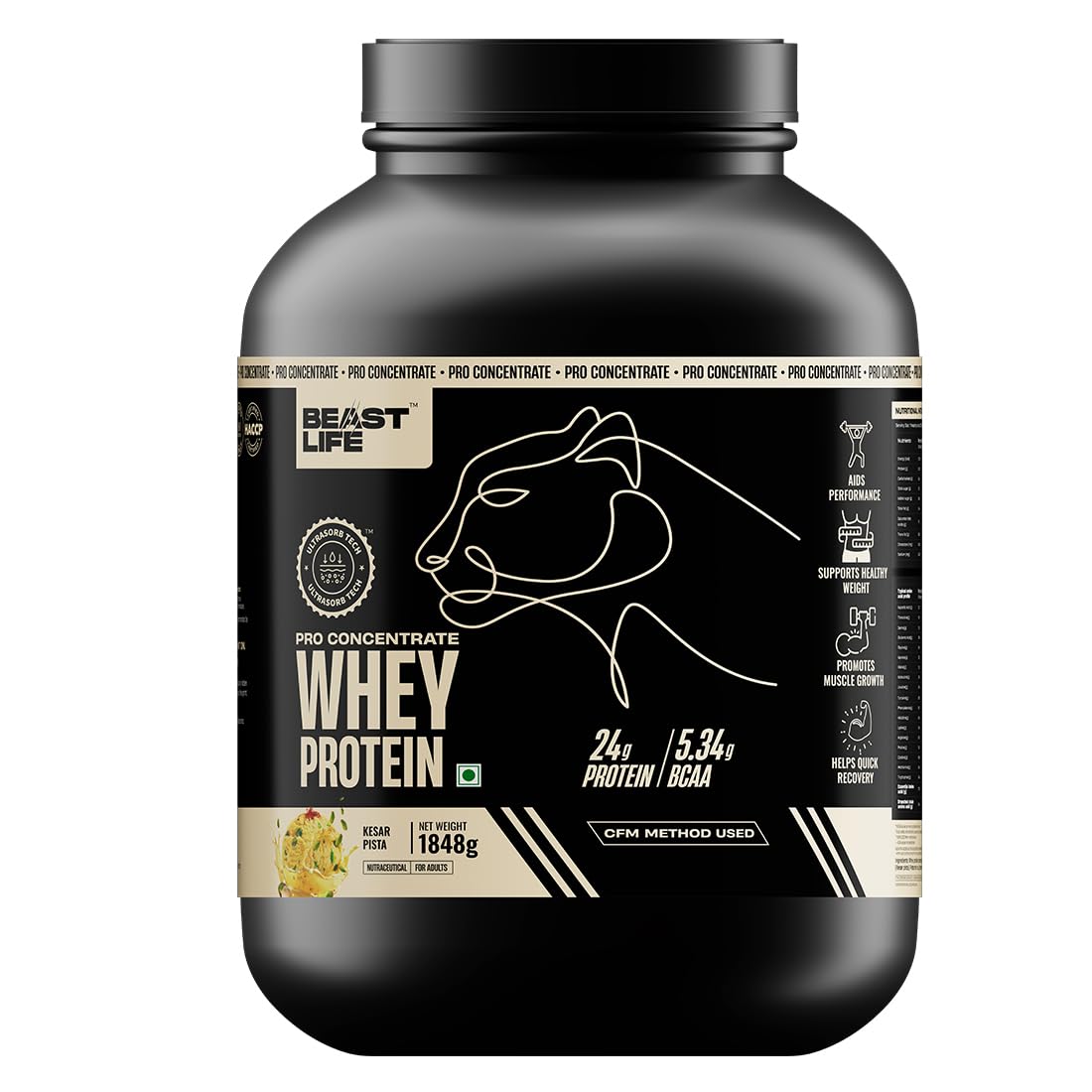BeastLife Whey Protein 1848g Kesar Pista Flavour, 24g Protein, 5.3g BCAA, Ultrasorb Tech | High Absorption for Muscle Gain | Fast Recovery for Men & Women | Sports Nutrition