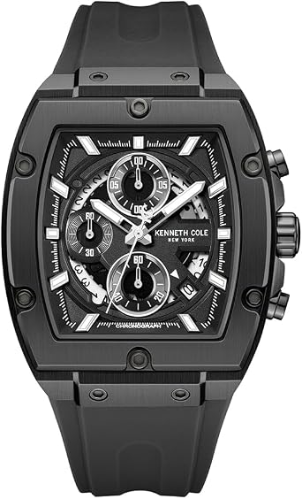 Kenneth Cole New York Mens Chronograph Watch - Stainless Steel Bracelet, Bold Hour Markers, Sleek Design, Black Tonneau - Black Silicone, dress sports