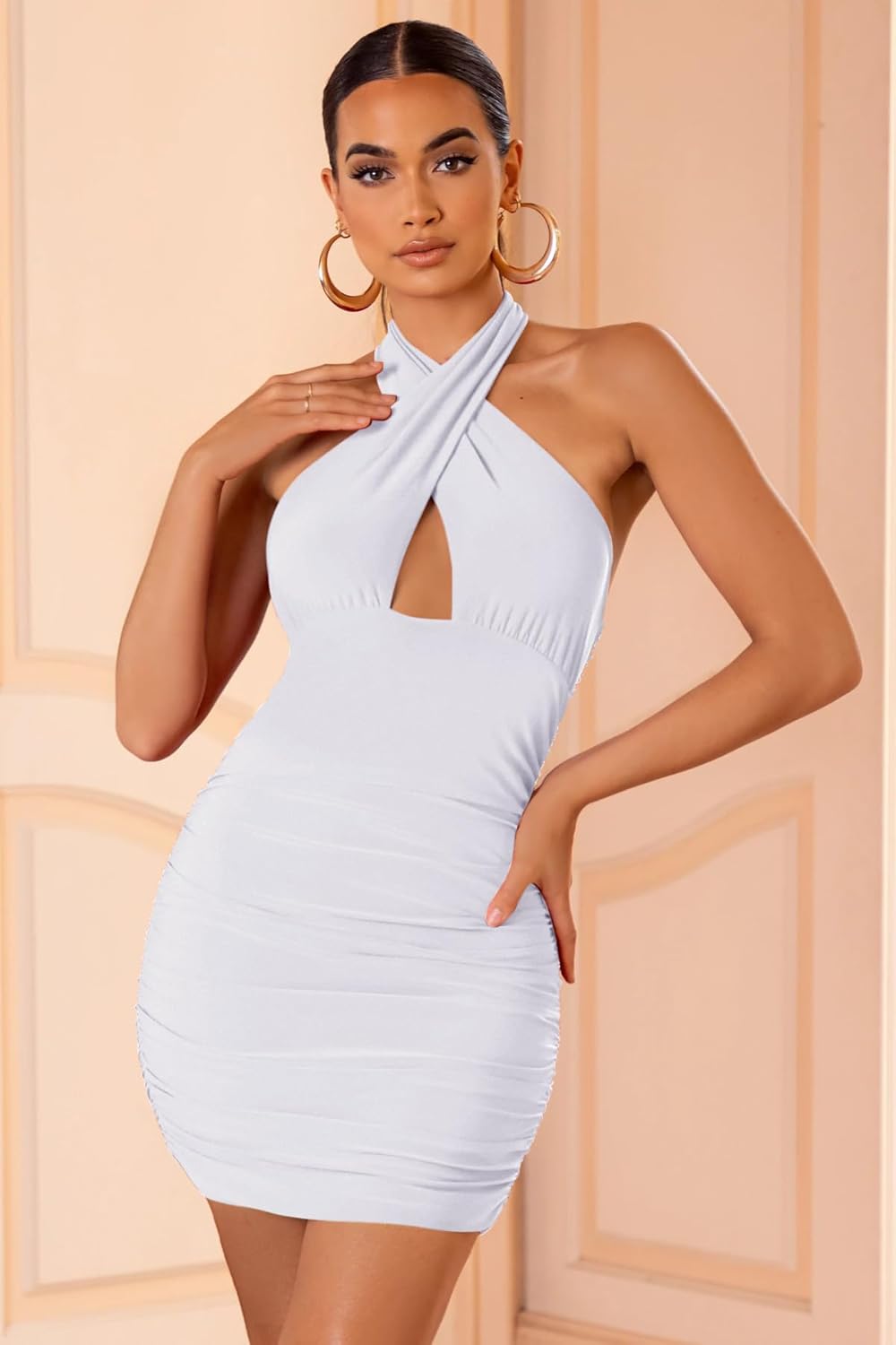 REORIA Women's Sexy Mini Dress Halter Sleeveless Backless Bodycon Criss Cross Ruched Short Dresses Party Night Club Outfits - Image 6