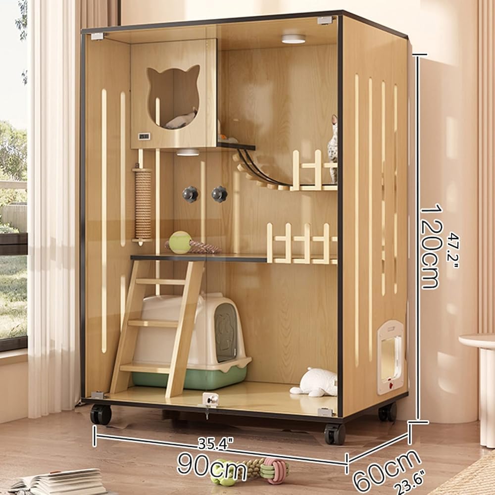 Recinzione per gatti, grande casetta in legno per interni ed esterni, con porte di fuga e rotelle, gabbia per gatti chiusa multi-funzione, per casa o negozio di animali domestici