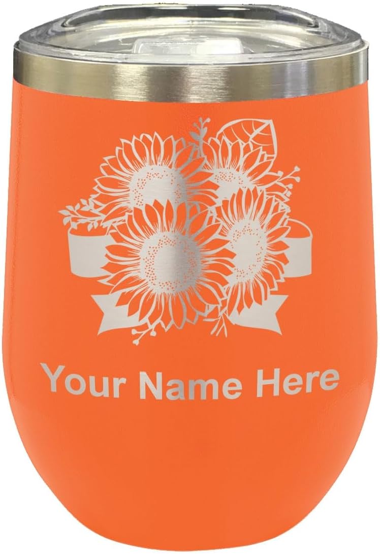 LaserGram 16oz Double Wall Stainless Steel Wine Glass Tumbler, Sunflowers, Personalized Engraving Included (Black)