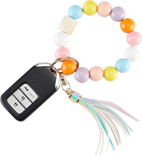 keychain wristlet Silicone Key Ring Bracelet Car Keys Holder Women Beaded Bangle Chains with Leather Tassel