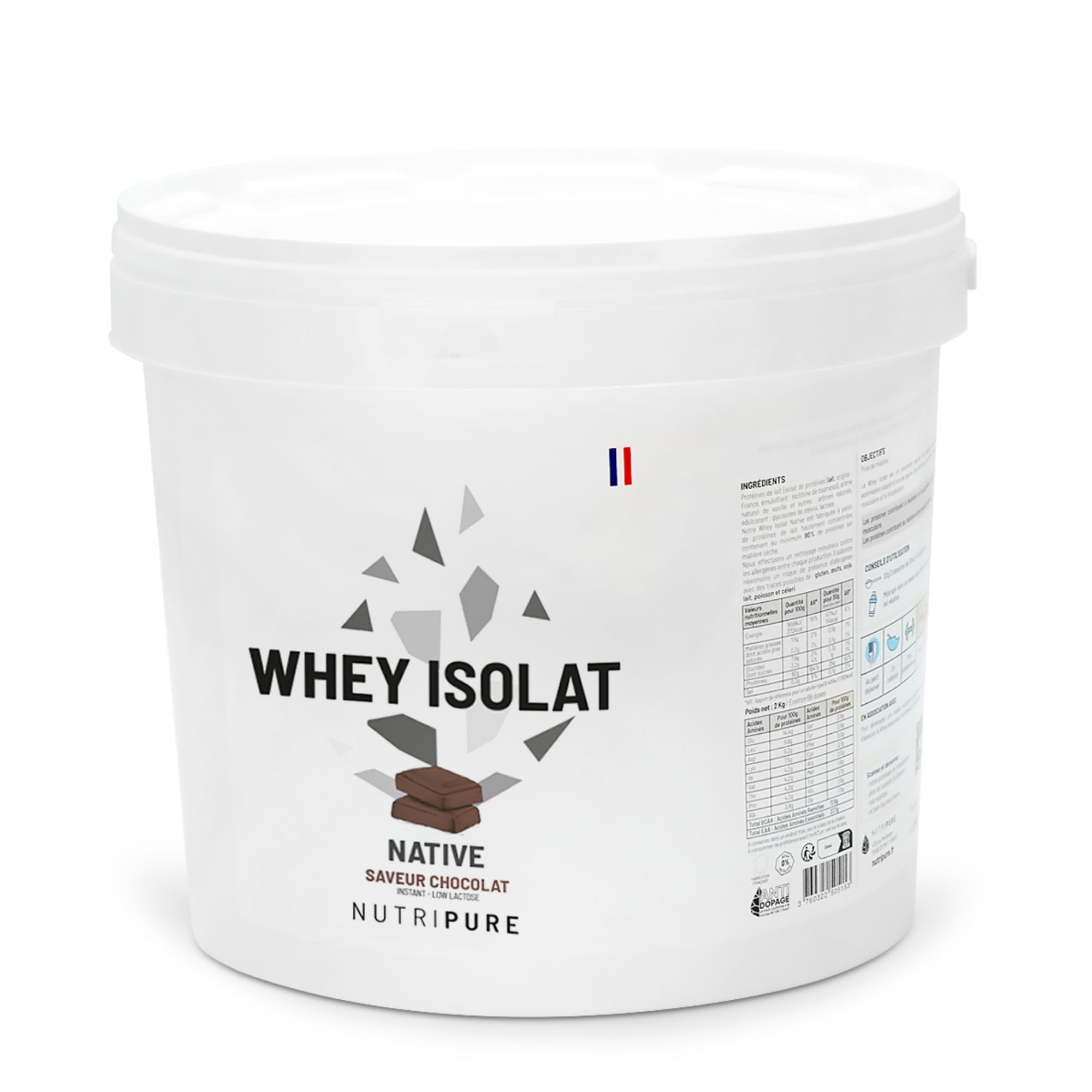 Nutripure - Whey Isolate Native - 23g de Protéines - Goût Chocolat - 2 kg | Développement Musculaire, Prise de Masse & Sèche - 19% BCAA, 39% EAA - Filtration à Froid - 66 Portions - Made in France
