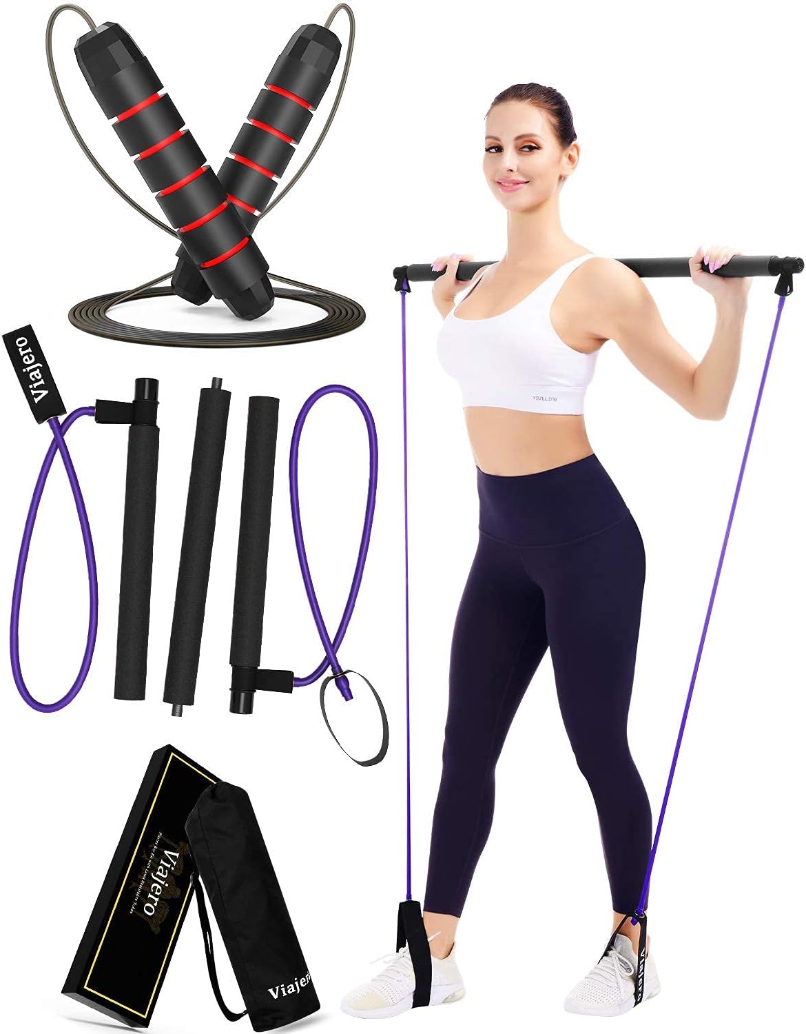 Viajero Pilates Bar Jump Rope, 2020 Upgraded 3-Section Pilates Bar Kit with 2 Powerful Latex Resistance Bands, All-in-one Home Gym Workout Equipment for Women and Men, Crossfit Fitness : Sports & Outdoors
