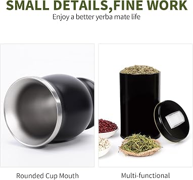 Yerba Mate Cup Set, 5-Piece Traditional Gourd Kit with Tea Container, 2 Bombillas, Cleaning Brush (Black)