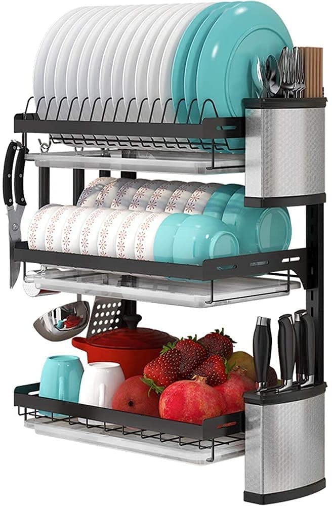 2 Tier Dish Drainer Space-Saving Dish Drying Rack Large Dish Drainer Rack Tray Utensil Cutlery Kitchen Sink Caddy