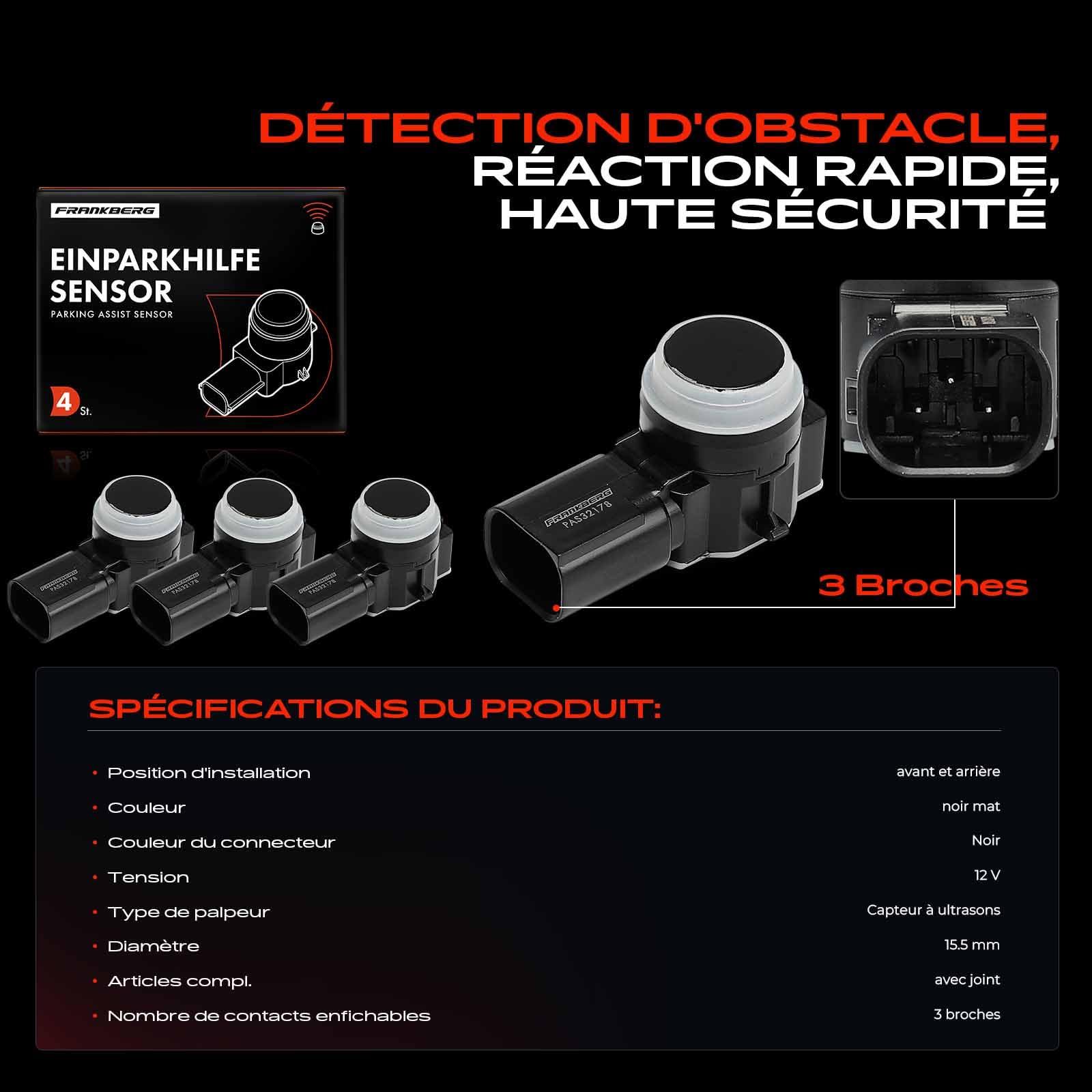 Frankberg 4x Capteur de stationnement PDC Vorne Arrière Compatible avec 2008 I CU 1.2L-1.6L 2013-2024 208 I CA CC 1.0L-1.6L 2012-2022 308 II L3 LB LH LP LW 1.2L-2.0L 2013-2021 Remplacer# 9675202477