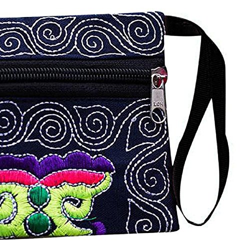 LHWY Monedero Vintage Cartera Mujeres étnicos Pulsera Bordada A Mano Bolso De Embrague (Negro)