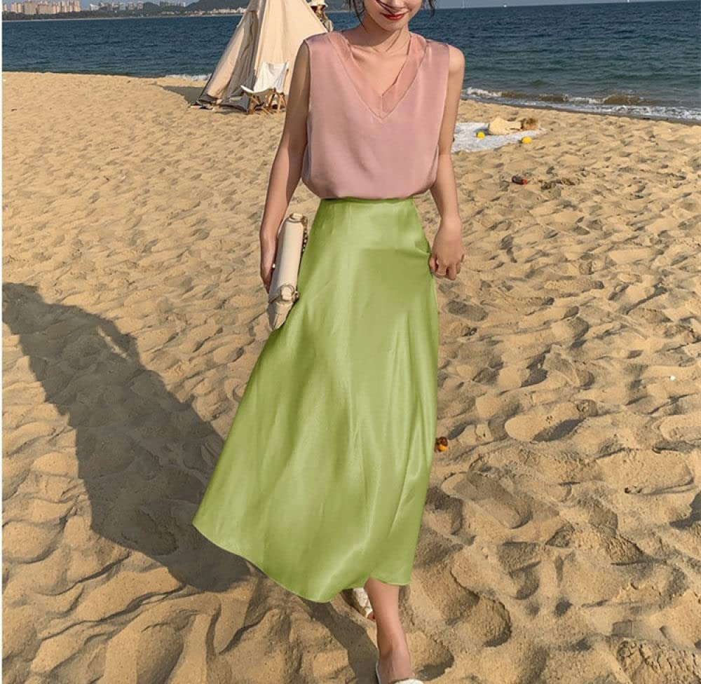 OZEO Röcke,Dünner Satin-Midirock Für Damen, Grün, Glänzend, Mit Hoher Taille, Faltenrock, Sommer, Elegant, A-Linie, Swing, Gerüscht, Fließend, Strandurlaub, Lange Röcke Für Mädchen, Damen, XXL