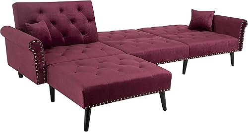 Miniatura 5 de Cotoala Sofá cama modular convertible en forma de L con 2 almohadas respaldo ajustable moderno sofá de terciopelo con sillas de descanso para sala