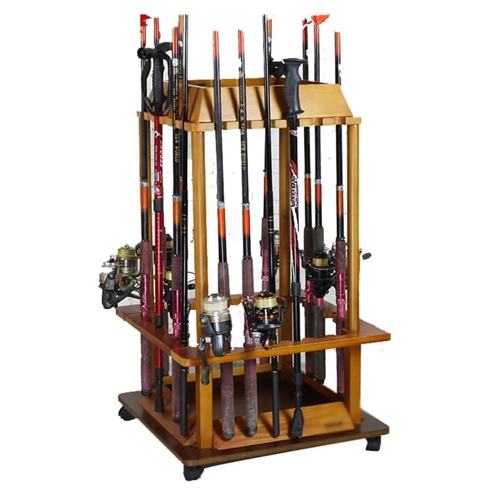 Portaoggetti per canna da pesca con ruote, in legno, per pesca a rotelle, supporto portatile per canna da pesca per garage, barca, cantina