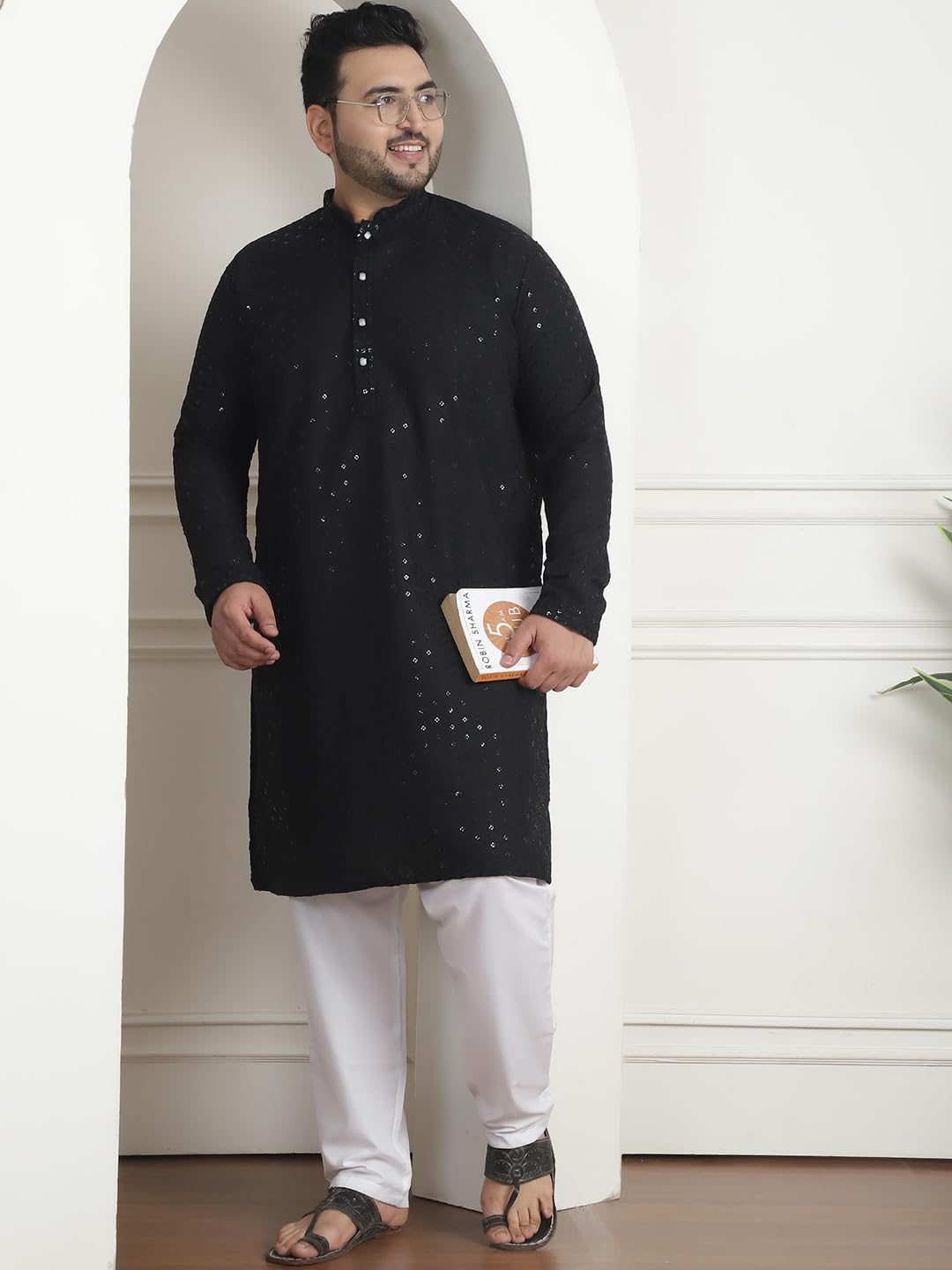 Sojanya Plus (Since 1958) Men's Cotton Sequins Embroidered Black Kurta With White Churidar Pyjama