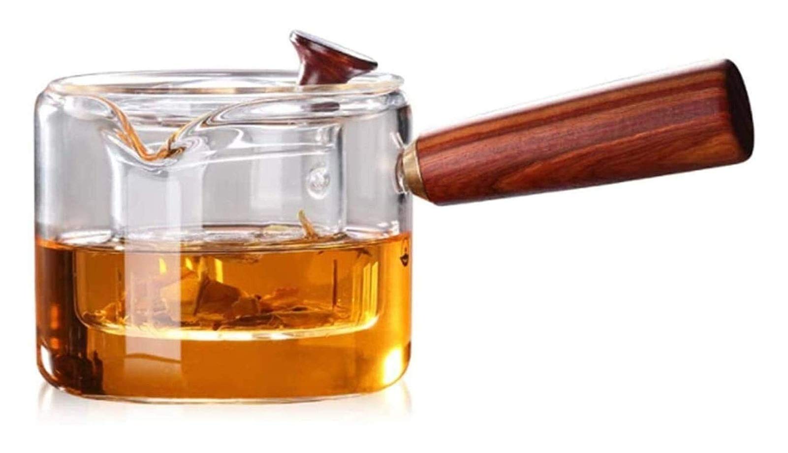 Théière en verre avec manche en bois et sa tasse de service épaissie