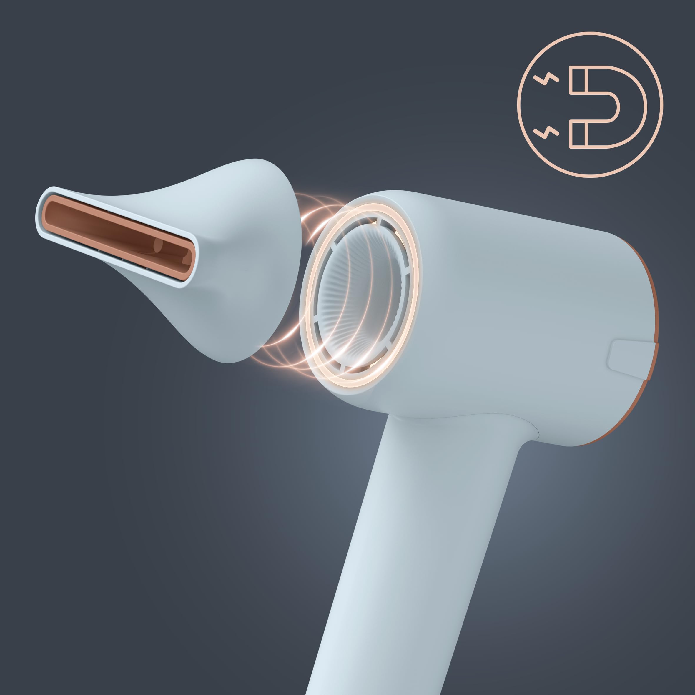 Rowenta Blumia HY5N10E0 Sèche-cheveux, moteur haute vitesse, flux d'air jusqu'à 255 km/h, buse magnétique de 6 mm, compact, technologie ionique, plusieurs niveaux de température, bleu/terre cuite
