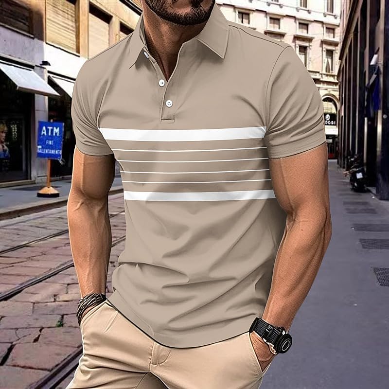 Mens Fashion Color Block Polo Shirts Summer V-Neck Button Striped Versatile T-Shirt