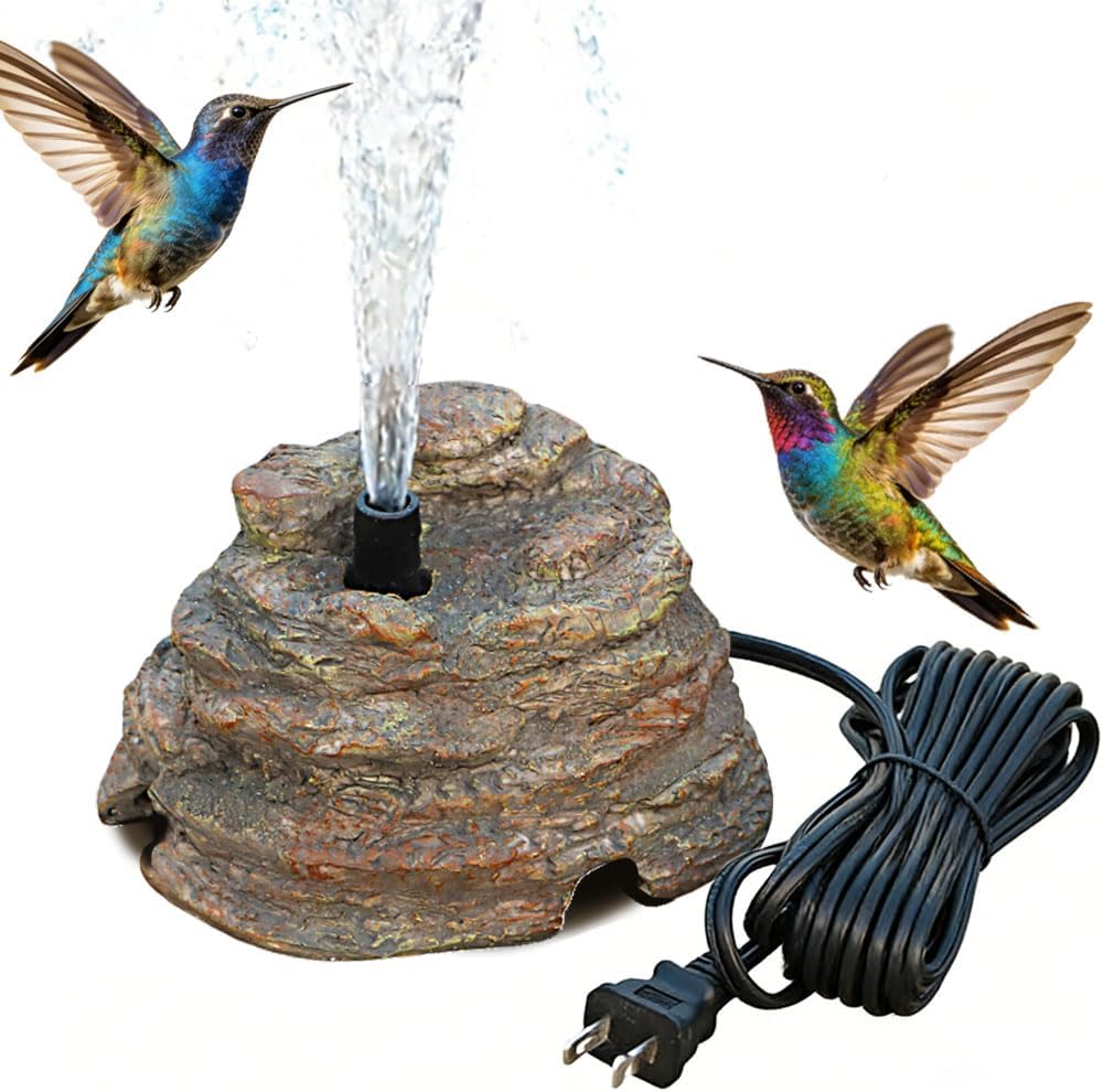 Bird Bath Fountain, Resin Granite with 9.8ft Long Wired Pump for Outdoor Garden Patio Decor, Rock Water Feature Fountain for Hummingbird Birdbath Aquariums and Fish Tank (Brown)