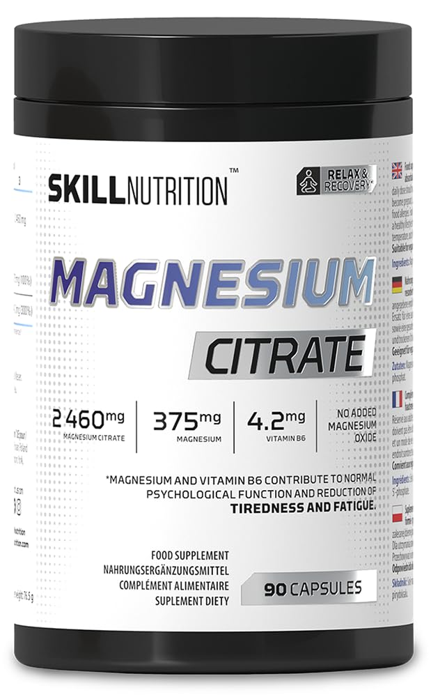 Skill Nutrition Magnesium Citrate – 90 caps | High – Bioavailability Magnesium Citrate & Active Vitamin B6 (P-5-P) | Reduces Fatigue, Supports Muscle & Energy | Vegan & Halal