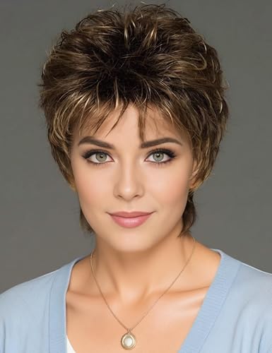 TISHINING Brown Highlight Short Hair Wigs for White Women Shag
