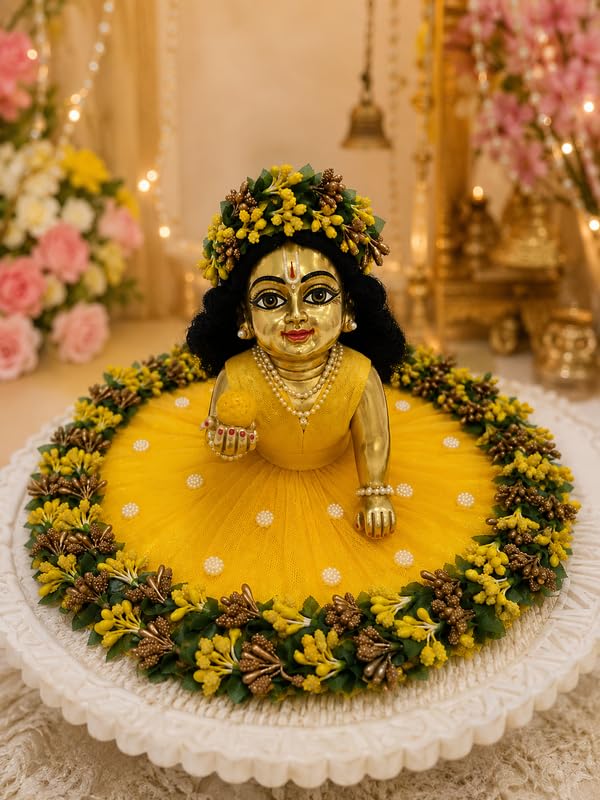 Premium Yellow Floral Laddu Gopal Dress with Crown Heavy Designer Kanha Ji Poshak| Size 4|Janmashtami Special Krishna Ji Poshak | Designer Laddu Gopal Ji Yellow Net Dress Fancy Floral Dress 4no-image-0