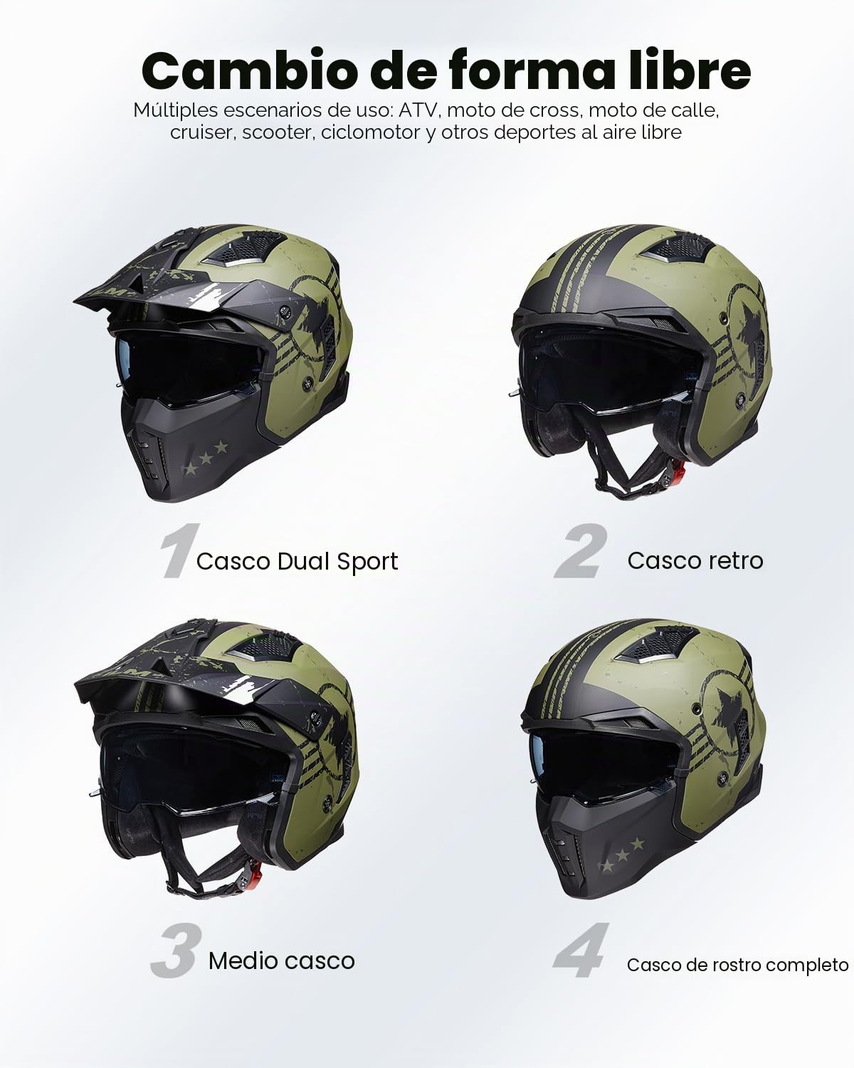 ILM Casco Moto Motocross Hombre Mujer-Casco Moto Jet Vintage Retro Patinete con Visora Homologado ECE,Verde Militar,XL