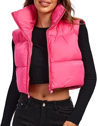 Fuinloth Women's Padded Vest, High Stand Collar Lightweight Zip Crop Puffer Gilet