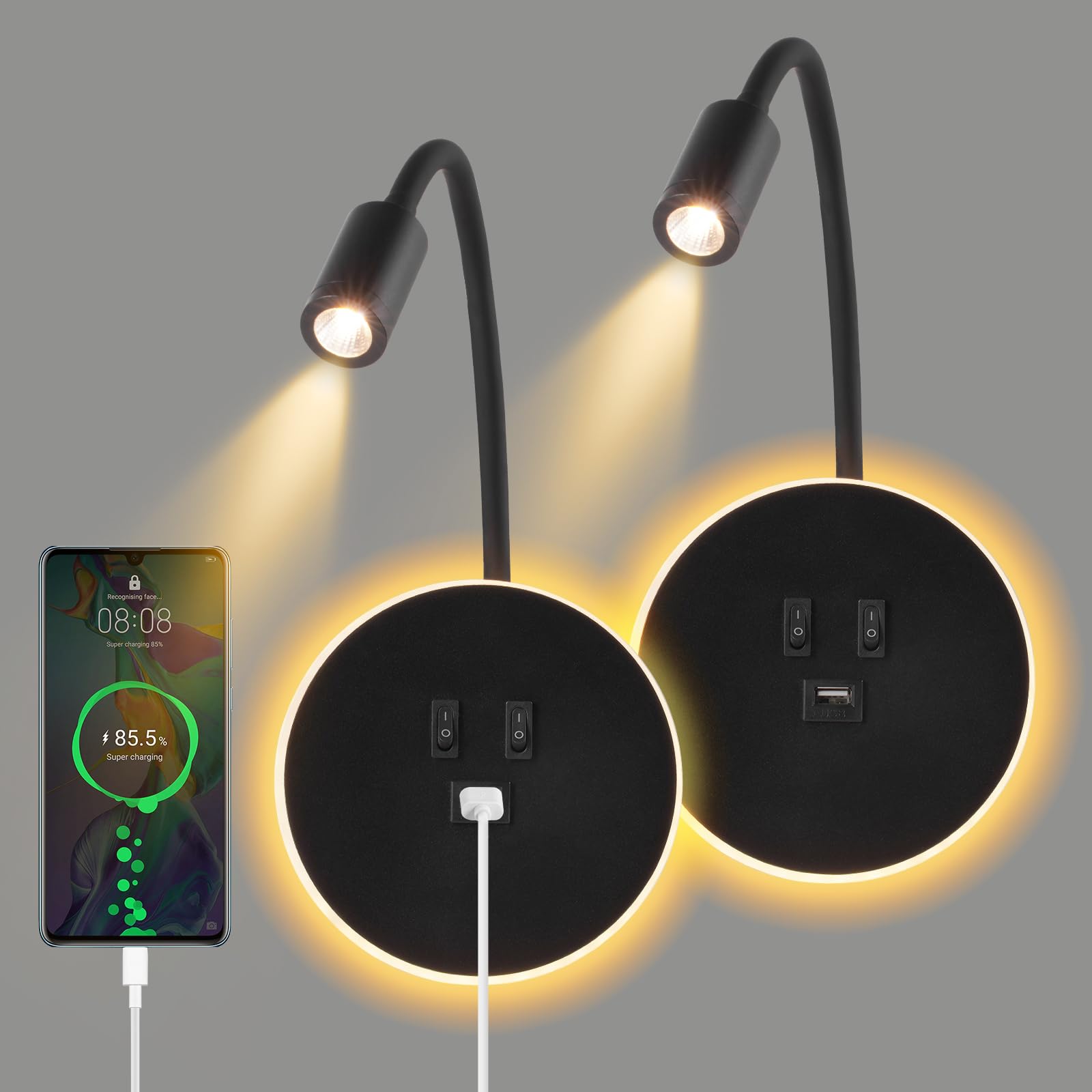 2er-Set LED Wandleuchten Mit USB-Ladefunktion – Dimmbare Nachttischlampe Fürs Schlafzimmer