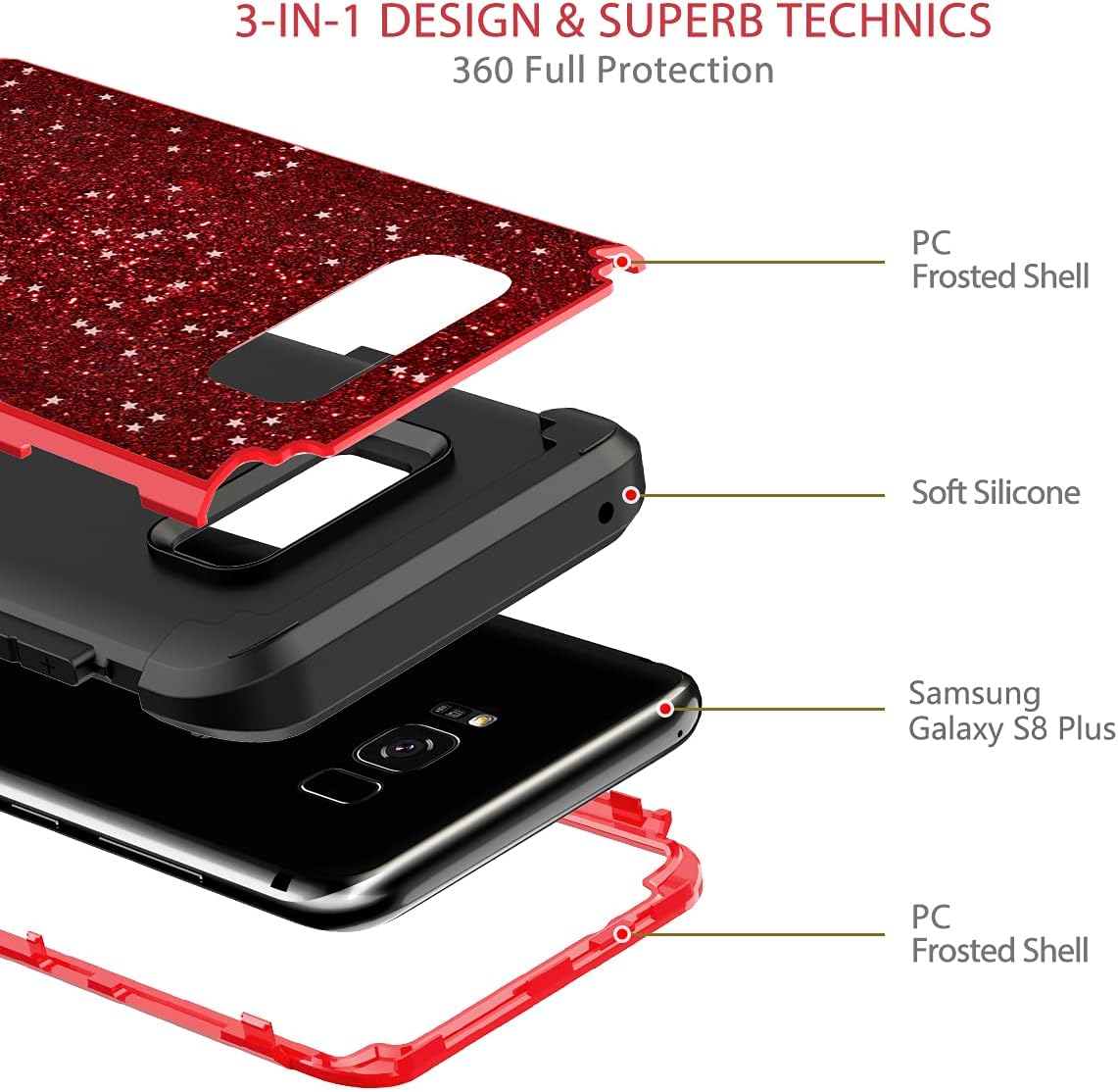 Hekodonk Compatible with Galaxy S8 Plus Case, Luxury Stars Sparkle Glitter Shiny Heavy Duty Shockproof Full-Body Protective High Impact Hybrid Cover for Samsung Galaxy S8 Plus Bling Red