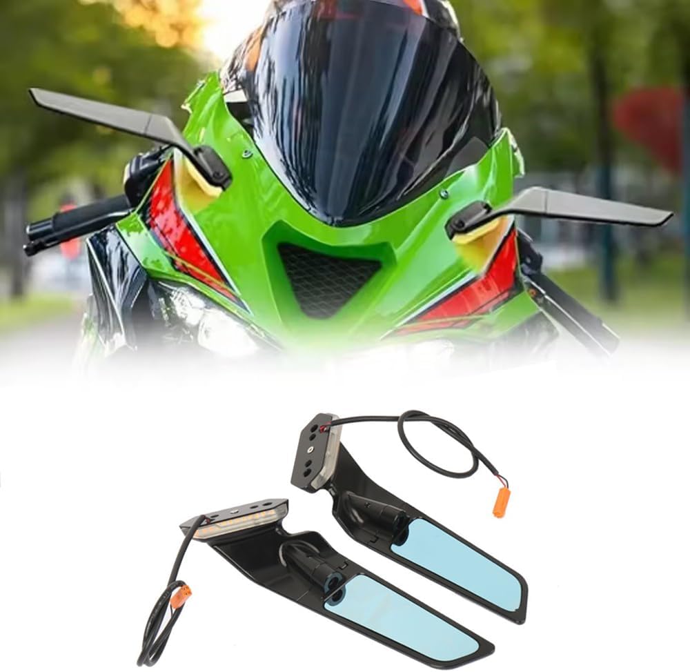 Motorcycle Aluminum Rearview Mirrors with LED Turn Signal Light Fits for Kawasaki Ninja 636 ZX-6R ZX6R ZX 6R 2019-2025 Adjustable Rotating Wind Wing Side Mirrors Blue Lenses Mirror