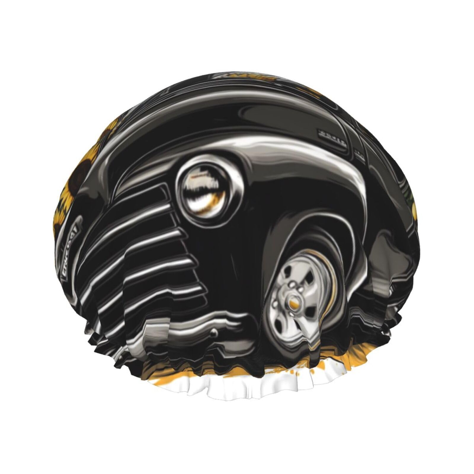 Black Truck With An American Flag Shower Cap For Women Double Layer Lined Reusable Waterproof Bathing Shower Hat For All Hair