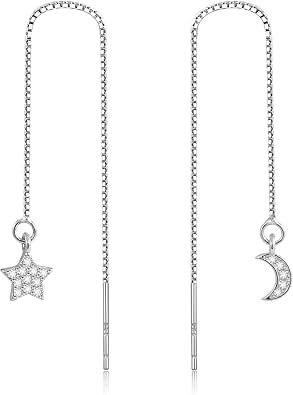 Silver Moon and Star Threader Dangle Earrings for Women Asymmetrical Drop Earrings for Female Wear and Holiday Gifting