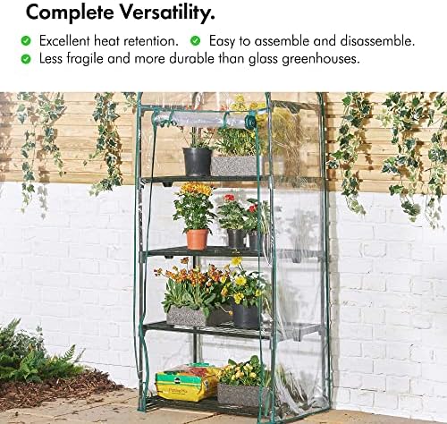 VonHaus Mini Greenhouse  4 Tier Green House with Weatherproof Plastic PVC Cover  Small Plant House/Grow House for Garden, Outdoor & Indoor  Roll Up Zip Panel Door  Easy No Tool Assembly
